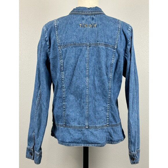 Christopher Banks Womens Blue Denim Jacket Full Zip Embroidered Flowers Medium - Picture 2 of 16